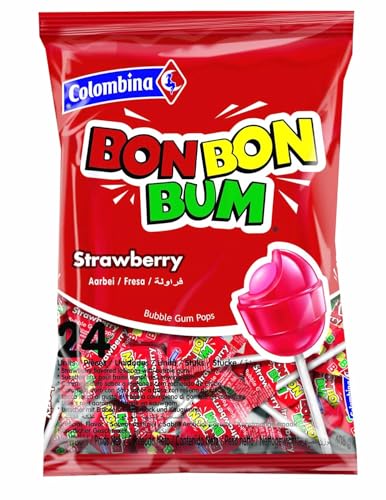Colombina - Bon Bon Bum - Lollipops - Bonbons durs - Avec gomme de remplissage à la saveur de fraise - 24 unités dans le sac