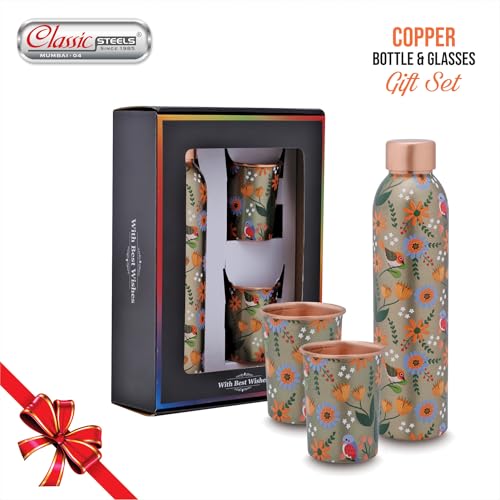 Image of Classic Steels Elegant Ethnic Green Copper Water Bottle Set with 2 Glasses - 1L Capacity | Best Gift For Diwali, Wedding Anniversary And All Other Occasions. (Forest Green Copper Bottle Set)