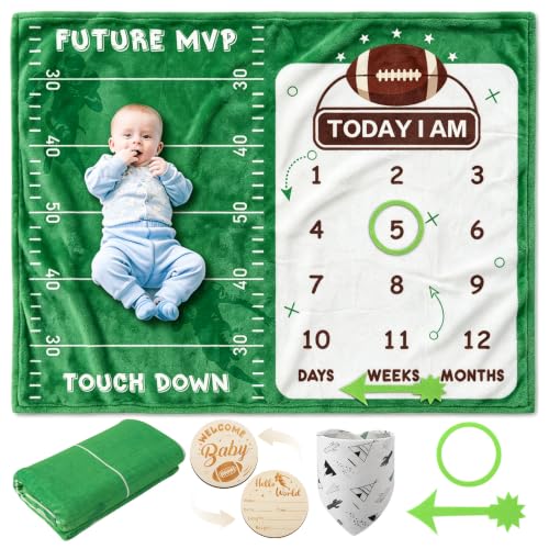 Image of Football Monthly Milestone Blanket for Baby Boys Flannel Blanket Newborn Infant Swaddle Baby Growth Blanket Photography Background with Wooden Signs,Frames,Bib