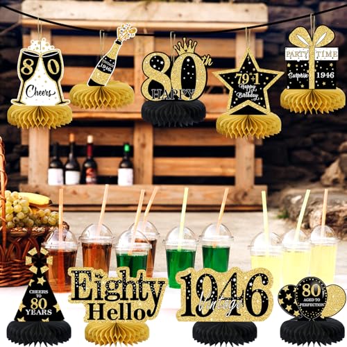 Image of 9Pcs 80th Birthday Decorations Honeycomb Centerpieces for Men Women, Black Gold Happy 80th Birthday Centerpieces Tables Toppers Party Decorations Supplies,Vintage 1946 Aged Table Sign Decor