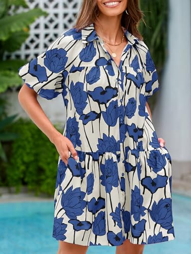 Wenrine Women's Summer Button Down Shirt Dress Floral Puff Short Sleeve Casual Loose Fit Beach Mini Dresses3