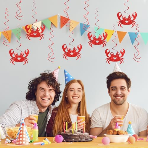 Image of Maicaiffe Crab Birthday Hanging Swirl Decorations - Glitter 12 Pcs Ocean World Sea Animal Party Supplies - Baby Shower Streamers - Cute Crab Party Foil Swirls Ceiling Decorations
