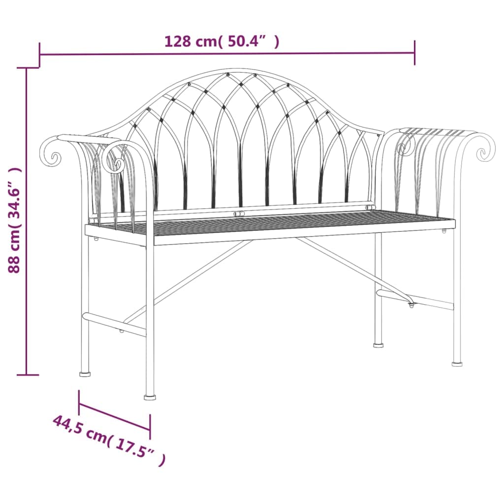 2-osobowa ławka ogrodowa ze stali, 128 cm, czarna, odporna na warunki atmosferyczne, metalowa ławka na taras i balkon, z oparciem i podłokietnikami, wygodna ławka do siedzenia na zewnątrz