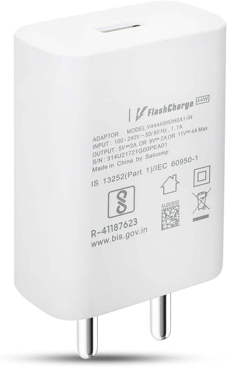 Vivo 44W Type C Flash Charging Adapter Compatible with Vivo T3 Ultra, T3 Pro, T3 Lite, T3X, T3, T2, Y29, Y300, Y18T, Y300+, iQOO 13, 12, Neo9 Pro, Z9s, Z9s Pro 44 Watt Fast Charge Adaptor, White