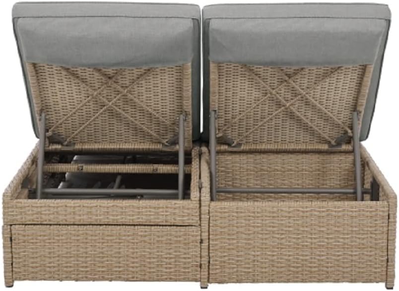 Outdoor Brown Double Sunbed Patio Reclining Chairs in Wicker Rattan