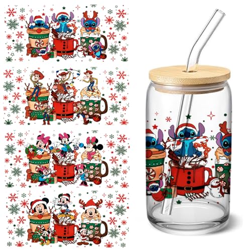 4 Sheets UV DTF Cup Wraps Transfer Stickers for Glass Christmas Cartoon Cup Wraps Decal Stickers for Tumbler Cups (A)