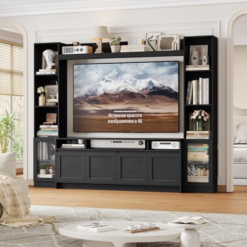 FACBOTALL 79 W Entertainment Center with Bookshelves & Storage Cabinet Modern Wall Unit TV Stand for TVs up to 60 Large TV Console with LED Lights for Living Room Black