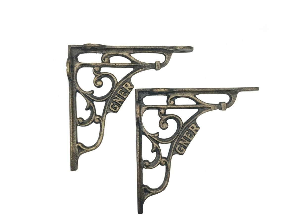 GNER Railway Shelf Brackets Antique Brass Finish (5x5 Inch) - Vintage Steam Carriage Cast Metal Wall Mount Support for Floating Wooden Shelves, Rustic & Industrial Home Decor
