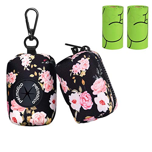 Image of Petmolico Dog Poop Bag Holder Leash Attachment, Waste Bag Dispenser Zippered Pouch, Fits Any Leash, Includes Free Roll of Bags, 2 Packs - Pink Rose