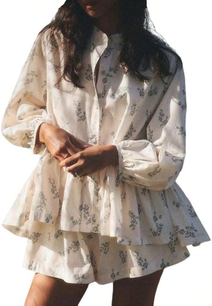 Womens Summer 2 Piece Outfits Lightweight Ruffle Print Loose Fit Puff Long Sleeve Casual Vacation Shorts Set