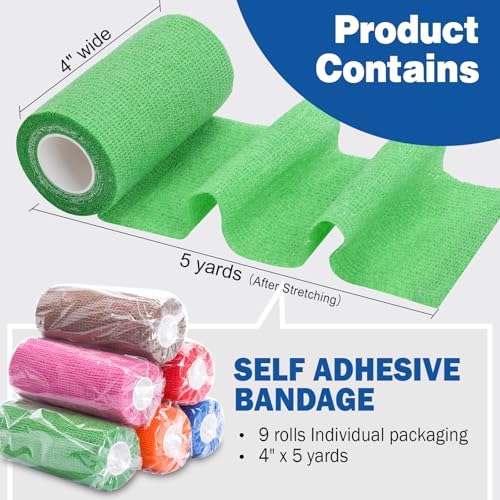 Image of AZEN 9 Pack Self Adhesive Bandage Wrap, 4 inch X 5 Yards Elastic Cohesive Bandage Wrap, Color Athletic Tape, Tattoo Grip Tape Wrap, Vet Wrap, Ankle Tape