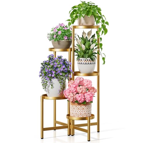 NQW Tall Gold Plant Stand Indoor Outdoor, Corner Metal Flower Pot Stands for Multiple Plants, 5 Tiered Heavy Duty Plant Shelf for Patio Garden Balcony Living Room Bedroom - GoldDisk