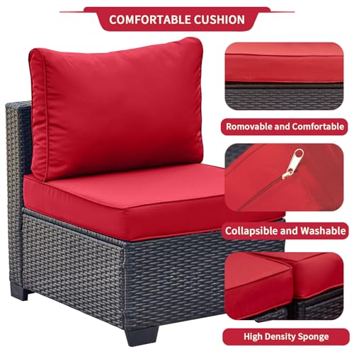 wudipatio 7 Pieces Outdoor Patio Furniture Sets, PE Rattan Wicker Patio Conversation Set with Tea Table (Black/Red, B/ZB) - Thumbnail 4