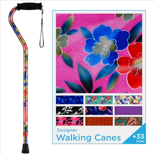 Nova Joy Designer Offset Walking Cane for Seniors - Unisex Adjustable Lightweight Aid with Foam Handle, Wrist Strap and Anti-Rattle Lock - Essential Mobility Support - Pink Floral