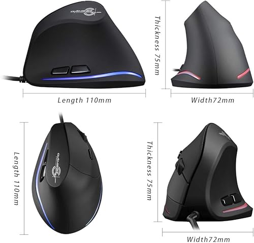 Miniatura 6 de zelotes - Mouse vertical ergonómico, 3200 DPI LED óptico USB con cable, 6 botones para laptop, escritorio, PC, MacBook, negro