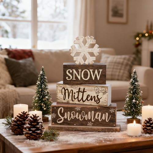 Image of Moucuny 4 Pcs Winter Table Decorations Wooden Snowflake Decor Christmas Tiered Tray Decor Rustic Decorative Snowflake Block Sign Gift Winter Table Centerpiece for Wonderland Party Home Kitchen