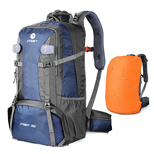 UTEBIT sac à dos de randonnée 50l, sac à dos pour hommes et femmes avec compartiment humide et sec et zone de sac à chaussures, sac à dos d'escalade étanche de grande capacité avec couvercle de pluie Cover