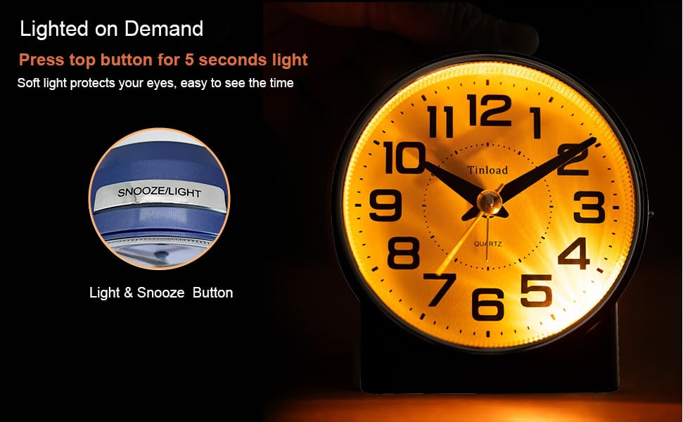 Image of Tinload 4.3 inch No Ticking Analog Alarm Clock,Silent Readable for Seniors,Easy to Set,Gradual Rise Alarm,Big Numbers,On /Off Switch on Side,Gentle Wake,Snooze,Lighted on Demand,Battery Operated,Blue