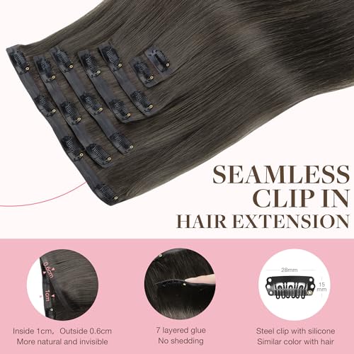 Image of GOO GOO Clip in Hair Extensions Real Human Hair, Remy Human Hair Extensions Clip ins for Women, Natural Human Hair, 14inch 110g 7Pcs, 1C Mocha Brown