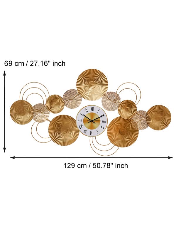 Image of CHRONIKLE Stylish Round Rings Design Horizontal Wall Art Metal Roman Numbers Wall Clock for Living Room Home Decor Office Gifts (Size: 129 x 1 x 69 CM | Weight: 2960 Gram | Color: Golden)