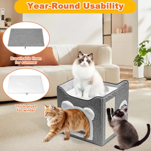 Lit Niche Chat Intérieur avec 2 Coussins Lavables, Boule Suspendue, Planche Gratter, Grotte Maison Chats Pliables, Couchage Mobilier Cabane Panier Lits Chat pour Chats, Petits Chiens, Lapins (Gris) – vue 6