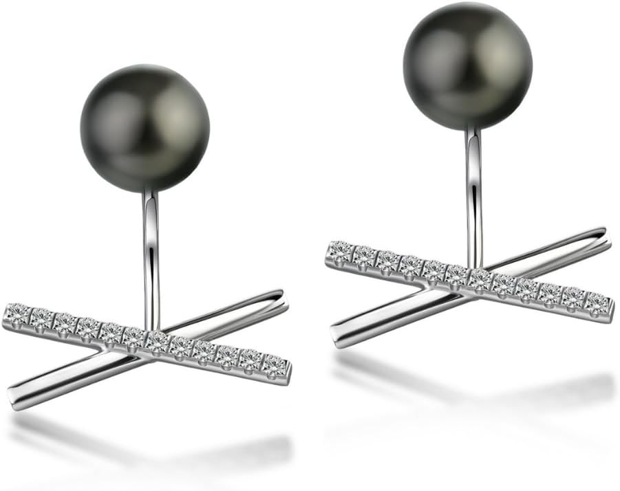 Lunar Belle Black Tahitian Pearl Stud Earrings with Moissanite Tidal Design in 925 Sterling Silver, Unique Jewelry Gifts for Women (Tidal Cross)