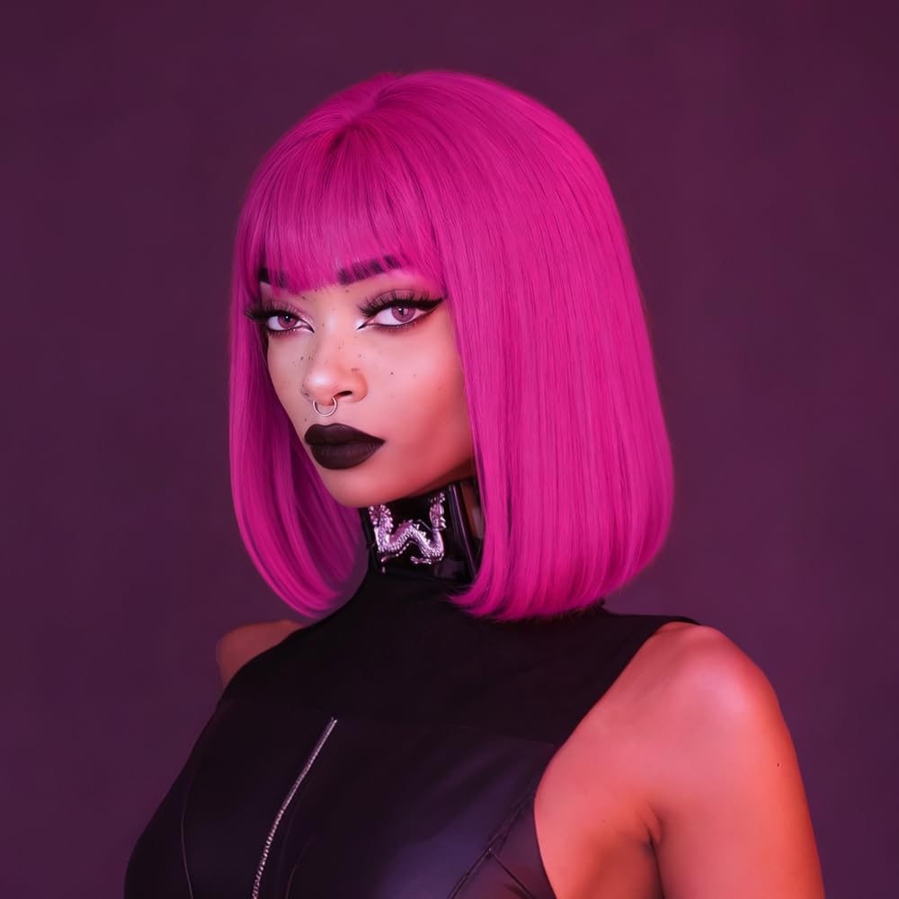 AISI BEAUTY Hot Pink Wig with Bangs Hot Pink Wigs for Women 12 Inch Short Straight Bob Wig Synthetic Hair Colored Wigs for Cosplay Party