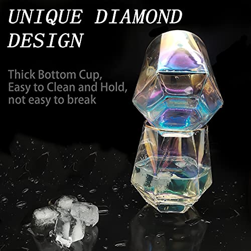 Diamond Whiskey Glasses, Set Of 4 Rocks Glasses Gold Banded Cocktail Drinkware For Rum, Scotch, Bourbon Or Wine Glass, Tumblers Old Fashion Elegant Glass Unique Christmas Father's Day Gifts (Rainbow) #TOP7