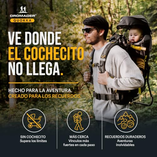 Miniatura 2 de Dromader Mochila Portabebe Montaña - Portabebes Senderismo Hasta 22kg Con Protector Solar, Protector De Lluvia, Bolsillo Térmico Y Cambiador - Estructura Plegable Con Una Mano Negro Y Amarillo