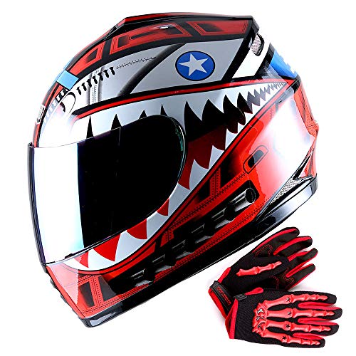 Wow Youth Motorcycle Full Face Helmet Street Bike Bmx Mx Kids Shark Red + Mx Skeleton Glove Bundle; Size M (51-52 Cm 20.1/20.5 Inch) #TOP30