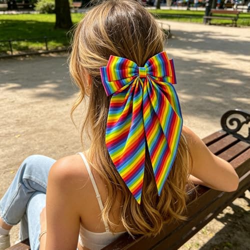 Pinzas para el cabello con lazo arcoíris para el Día del Orgullo Gay, lazo grande de raso con cola larga, diseño multicolor, gran lazo para mujeres, desfile y fiesta del mes del orgullo miniatura 6