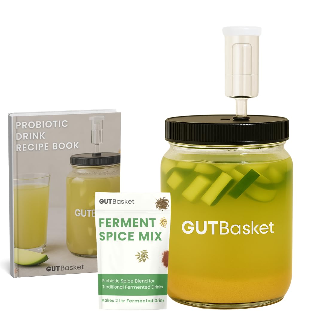 Probiotic Drink Making Kit – Ferment Aam Panna, Kanji, Tepache, Kvass & More – 1L Glass Jar with Airlock & Recipe Book – Easy Homemade Fermented Drinks for Gut Health & Summer Refreshment