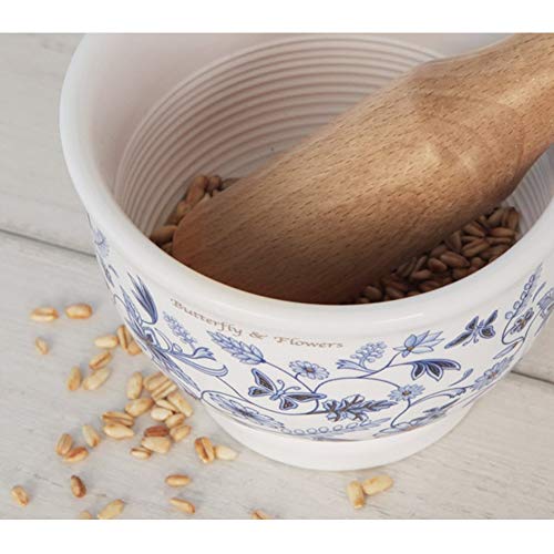 Party Craftz Ceramic Mortar Butterfly & Flower Pattern Grinder And Pestle For Spices, Seasonings, Pastes, Pestos And Guacamole Korea Gray (Blue) #TOP1