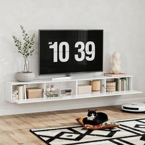 Miniatura 7 de Yatiney Mueble Para Tv Suspendido Con Tira De Luces Led, Soporte Para Tv Montado En Pared Con Cuatro Puertas Abatibles, 180 X 24 X 22 Cm, Para Salón O Dormitorio, Blanco Xds23dwt