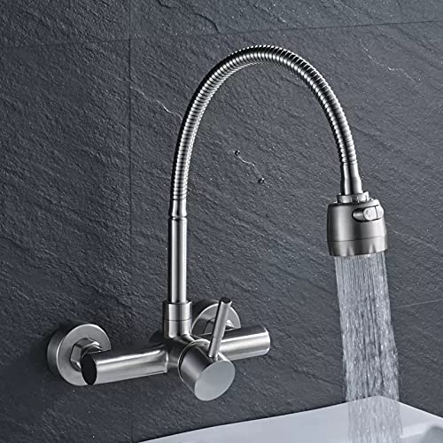 Rubinetto da Bagno in Acciaio Inossidabile Al Nichel Spazzolato Beccuccio Girevole 2 Funzioni Rubinetto Miscelatore D'Acqua Di Uscita 2 Fori Fissato Al Muro, ZLJNFC
