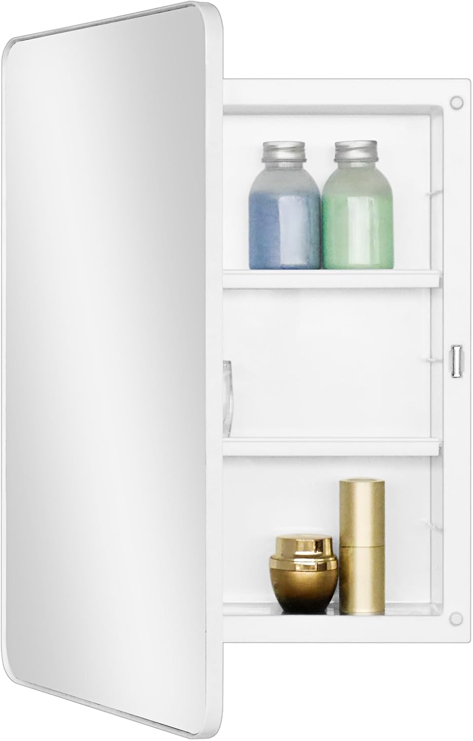 Fundin White Plastic Medicine Cabinet, Mirror Door with Round Corner Metal Frame, Recessed and Surface Mount Bathroom Wall Medicine Cabinet, 16 x 22 inch Mirror Size White 16 x 22 inches