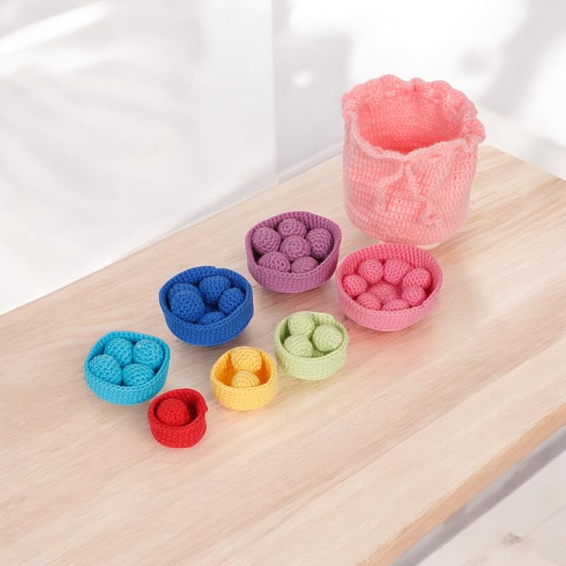 Image of LITTLE GINNIE Montessori Color Sorting & Counting Toys for Kids | Crochet Toys for Babies, Rattle Ball for Fine Motor Skills & Recognition | Learning Montessori Toy | Nesting Ball Game with Potli