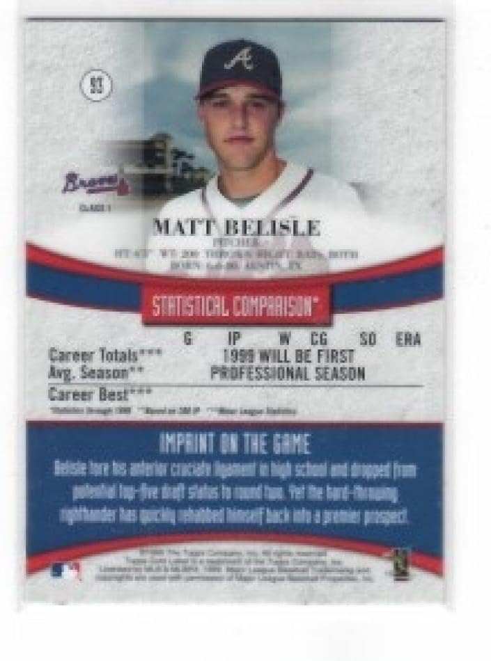 Miniatura 2 de 1999 Topps Gold Label Class 1#93 Matt Belisle Atlanta Braves MLB Baseball Card (RC - Rookie Card) NM-MT
