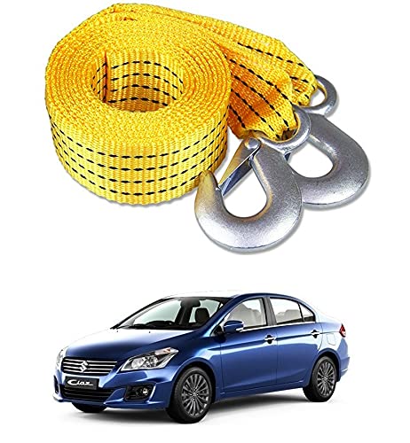Znee Smart Premium Heavy Duty 4M Long Tow Belt ||Car Tow Cable || 3 Ton Towing Strap Rope || with Dual Heavy Duty Forged Hooks || Yellow Color ||Maruti Suzuki Ciaz