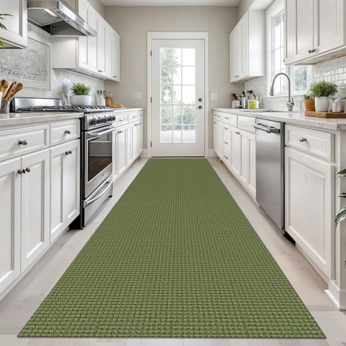 KOZYFLY Long Runners for Hallways 3x12 ft Washable Kitchen Runner Non Slip Rubber Backed Hallway Rugs Cotton Entryway Runner Rug Floor Carpet for Indoor Hall, Kitchen, Olive Green/Earthy Green