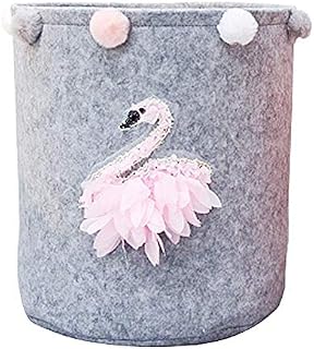 Inwagui Baby Storage Basket Foldable Toys Organizer Felt Fabric Laundry Bins Nursery Hamper Swan Gift Basket with Pompom - Grey