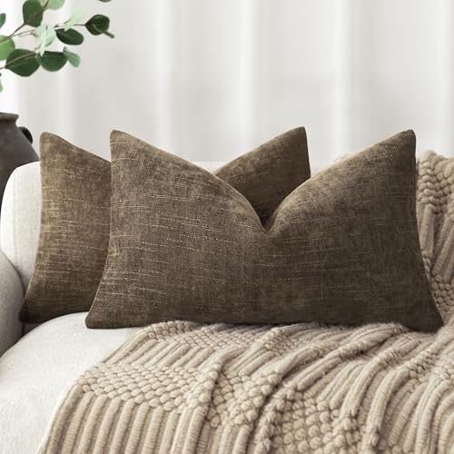Image of Foindtower Pack of 2 Textured Chenille Throw Decorative Pillow Covers Square Accent Solid Cushion Cover Neutral Farmhouse Lumbar Pillow Case for Couch Sofa Bedroom Living Room 12x24 Inch,Taupe Brown