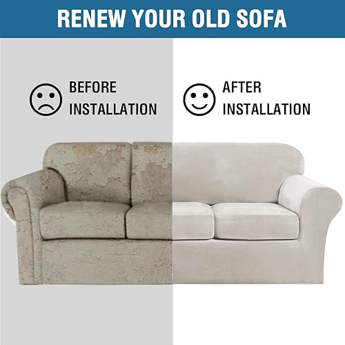 Miniatura 8 de H.VERSAILTEX Funda para sofá muy elástica, 4 piezas, de terciopelo suave, moderna, protectora, ajustable, gruesa, para sofá con 3 cojines para