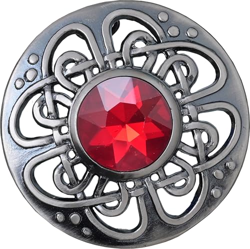 Image of Elegant Culloden Plaid Brooch - Scottish Kilt Fly Plaid Brooch Intricate Celtic Knot in Pewter with Gemstone 3-Inch Diameter - Ideal for Scottish Kilts & Formal Wear