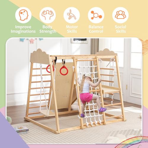 Image of 8-in-1 Wooden Indoor Jungle Gym for Toddlers, Montessori Climbing Playset with Slide, Swing, Climbing Net, Rings, Monkey Bars - Indoor Playground for Kids Ages 3-8