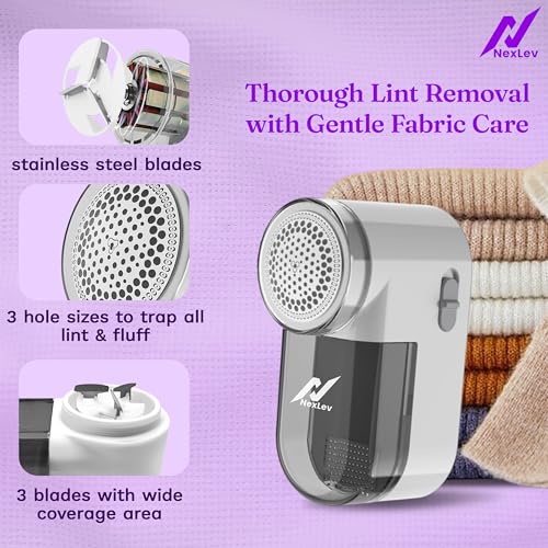 Image of NexLev Portable Cordless Lint Remover | for Woollen, Sweaters, Jackets, Carpets | Fabric Brush | Rue & Burr Remover | Battery Powered Shaver | SS Blade | Safety Lock | LR-03