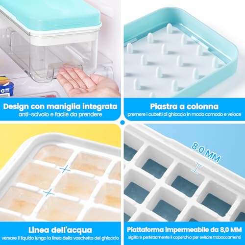Stampo Ghiaccio, Stampo Ghiaccio Con Coperchio, 64 Cubetti Di Ghiaccio, Con 2 Vassoio, Rilascio Facile Con Pressione, A Prova Di Perdite, Per Raffreddare Cocktail, Whisky, Caffè, Blu - immagine 4