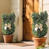 Bailikang 2Packs Artificial Rabbit Topiary Outdoor - Realistic Boxwood Bunny Statue with Ground Spike, UV Resistant Faux Plants for Garden, Patio, Year-Round Decor