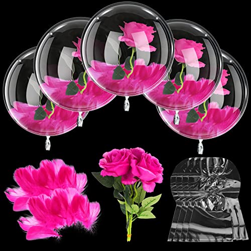 10 Pcs Clear Bobo Balloons For Stuffing Transparent Bubble Reusable Bobo Balloons 10 Pcs Simulated Flowers 1 Pack Feather For Mother's Day Birthday Wedding Anniversary Party Decoration (15.75 Inches) #TOP18