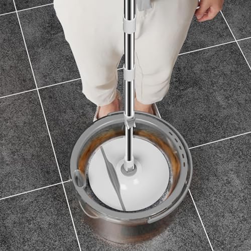 Mop und Eimer - Tragbarer runder Eimer mit Wischmopp - einlagiger Bodenwischer, verstellbarer Squeezer Mop Set mit 6 Wischpads für Nass- und Trockengebrauch – Bild 3